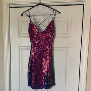 Holographic Sequin Spaghetti-Strap Dress